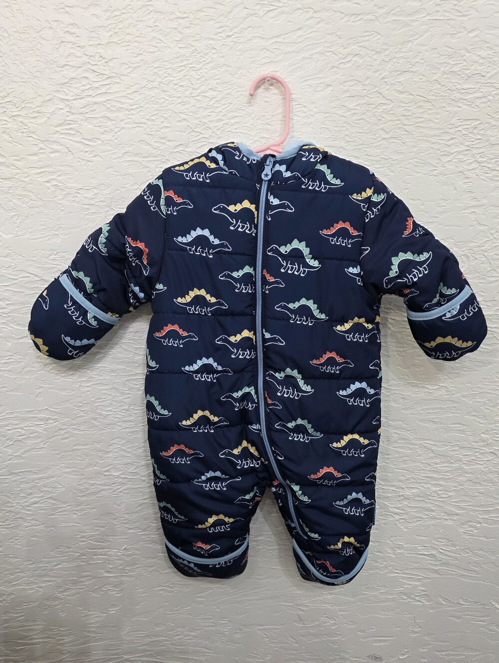 Wippette Baby Boy Navy Dinosaur Fleece Lined Hooded Pram Snowsuit Bunting 9M
